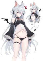 Rule 34 | 1girl, absurdres, animal ears, bare legs, bare shoulders, bat ears, bat wings, black gloves, black panties, black shirt, breasts, brooch, covered erect nipples, crop top, crop top overhang, deitaku, demon tail, detached sleeves, double bun, drawn tail, drawn wings, extra ears, fingerless gloves, gloves, hair bun, hair ribbon, highres, jewelry, lace, lace-trimmed panties, lace trim, legs, lingerie, long hair, long sleeves, looking at viewer, mini person, mini wings, minigirl, multi-strapped panties, navel, no pants, original, panties, parted lips, red eyes, revealing clothes, ribbon, see-through, shirt, simple background, skindentation, sleeveless, sleeveless shirt, small breasts, solo, standing, stomach, string panties, tail, thigh strap, thighs, underwear, very long hair, white background, white hair, wide sleeves, wings