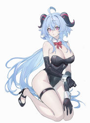Rule 34 | 1girl, absurdres, ahoge, alternate costume, bare legs, bare shoulders, black footwear, black gloves, black leotard, blue hair, bow, bowtie, breasts, cleavage, commentary, covered navel, detached collar, echj, elbow gloves, ganyu (genshin impact), genshin impact, gloves, hair between eyes, high heels, highres, horns, kneeling, large breasts, leotard, long hair, looking at viewer, purple eyes, red bow, red bowtie, shoes, simple background, solo, strapless, strapless leotard, thigh strap, thighs, very long hair, white background, wrist cuffs