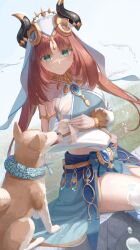 Rule 34 | 1girl, absurdres, animal, aqua eyes, blue gemstone, blue nails, brooch, commentary request, detached sleeves, dog, fake horns, forehead jewel, gem, genshin impact, gold trim, harem outfit, highres, holding, holding animal, holding rabbit, horns, jewelry, long hair, mrotan, nilou (genshin impact), outdoors, parted lips, petting, rabbit, red hair, signature, sitting, sitting on wall, smile, twintails, veil, white headdress, white sleeves
