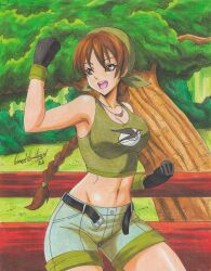 Rule 34 | 1girl, 2022, absurdres, artist name, bare shoulders, belt, black gloves, braid, braided ponytail, brown eyes, brown hair, female focus, fence, fighting stance, gloves, green shirt, green shorts, highres, jewelry, kerchief, kof: maximum impact, midriff, navel, necklace, open mouth, outdoors, ponytail, ravernclouk design, shirt, shorts, sleeveless, sleeveless shirt, snk, solo, teeth, the king of fighters, traditional media, tree, unbuckled, upper teeth only, yuri sakazaki