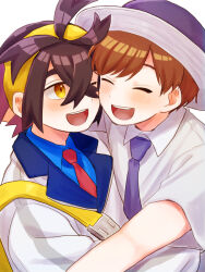 Rule 34 | 2boys, ahoge, belt, belt buckle, black hair, black headwear, blue necktie, blue shirt, blush, brown hair, buckle, cheek-to-cheek, closed eyes, collared shirt, colored inner hair, commentary request, creatures (company), crossed bangs, face-to-face, florian (pokemon), game freak, hair between eyes, hairband, happy, hat, heads together, highres, jacket, kieran (pokemon), looking at another, male focus, mochi (mocchi p 2m), multicolored clothes, multicolored hair, multicolored headwear, multiple boys, necktie, nintendo, one eye closed, open mouth, parted bangs, pokemon, pokemon sv, purple hair, red necktie, shirt, short hair, smile, teeth, two-tone hair, upper body, upper teeth only, white background, white headwear, white jacket, white shirt, yaoi, yellow eyes, yellow hairband, yellow strap