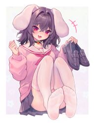 Rule 34 | +++, 1girl, :3, absurdres, alternate costume, black choker, black footwear, black hair, blush, breasts, carrot choker, choker, commentary request, convenient leg, crossed bangs, fang, feet, fingernails, floppy ears, full body, hair between eyes, highres, holding, holding shoes, inaba tewi, loafers, medium hair, neckerchief, open mouth, pink nails, pink shirt, qiu ju, red eyes, red neckerchief, sailor collar, school uniform, serafuku, shirt, shoes, simple background, sitting, small breasts, soles, solo, thighhighs, touhou, unworn shoes, white background, white sailor collar, white thighhighs