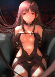 Rule 34 | 1girl, aduo, arm strap, black dress, blurry, blurry background, breasts, brown hair, center opening, choker, closed mouth, collarbone, commentary request, couch, cowboy shot, dated, dress, fate/grand order, fate (series), highres, jewelry, long hair, looking at viewer, medium breasts, multicolored background, navel, red eyes, revealing clothes, side-tie dress, sitting, solo, strapless, strapless dress, very long hair, yu mei-ren (fate)