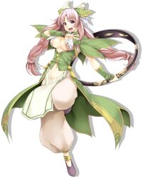 Rule 34 | 1girl, atelier-moo, braid, breasts, cleavage, curtained hair, dancing, detached sleeves, dress, full body, hair ribbon, holding, holding instrument, instrument, large breasts, long hair, looking at viewer, navel, nina lazydaisy, open mouth, pink eyes, pink hair, ribbon, shoes, smile, solo, standing, standing on one leg, tambourine, transparent background, twin braids, very long hair, wizards symphony