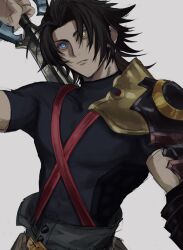 Rule 34 | 1boy, armor, asymmetrical arms, black shirt, blue eyes, brown hair, criss-cross suspenders, expressionless, grey background, heterochromia, highres, holding, holding weapon, keyblade, kingdom hearts, kingdom hearts birth by sleep, male focus, nishinsobha, open fly, pants, pauldrons, shirt, short hair, shoulder armor, simple background, single pauldron, skin tight, solo, suspenders, terra (kingdom hearts), turtleneck, weapon, weapon on back, yellow eyes
