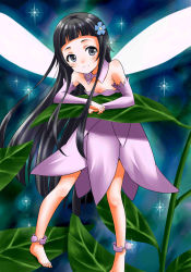 Rule 34 | 10s, 1girl, aira (jwgt), anklet, barefoot, black eyes, black hair, detached sleeves, downblouse, dress, fairy, fairy wings, flower, hair flower, hair ornament, highres, jewelry, leaf, long hair, mini person, minigirl, sparkle, sword art online, wings, yui (sao), yui (sao-alo)
