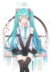 Rule 34 | 1girl, :d, bare shoulders, black skirt, black thighhighs, blue hair, blue necktie, blush, closed eyes, collared shirt, detached sleeves, gradient neckwear, green hair, green necktie, hair between eyes, hatsune miku, hatsune miku (vocaloid4), headphones, headset, highres, long hair, long sleeves, moffle (ayabi), necktie, open mouth, pleated skirt, shirt, sitting, skirt, sleeveless, sleeveless shirt, smile, solo, teeth, thighhighs, twintails, upper teeth only, very long hair, vocaloid, white shirt