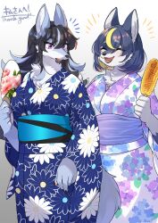 Rule 34 | 2girls, animal ear fluff, animal ears, animal nose, black hair, blonde hair, blue fur, blue hair, body fur, breasts, commission, corn, fangs, floral print, food, furry, furry female, hand fan, highres, holding, holding fan, holding food, holding skewer, japanese clothes, kimono, medium breasts, multicolored hair, multiple girls, obi, open mouth, original, print kimono, purple eyes, sash, skeb commission, skewer, smile, snout, streaked hair, wolf ears, wolf girl, zakro