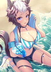 Rule 34 | 1girl, absurdres, animal ears, bare shoulders, beach, bikini, black choker, blue shorts, breasts, choker, cleavage, commentary request, cup, disposable cup, drinking straw, grey hair, highres, holding, holding cup, horse ears, large breasts, looking at viewer, mejiro ryan (umamusume), midriff, multicolored hair, navel, ocean, official alternate costume, outdoors, purple eyes, same kujira (challenger 310), shoes, short hair, short shorts, shorts, sitting, solo, stomach, striped bikini, striped clothes, swimsuit, tail, thigh strap, thighs, umamusume, vertical-striped bikini, vertical-striped clothes, wariza, water, wet, white footwear, white hair
