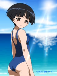 Rule 34 | 1girl, artist name, ass, beach, black hair, blue one-piece swimsuit, blush, breasts, brown eyes, closed mouth, dated, female focus, from behind, girls und panzer, highres, konparu nozomi, looking at viewer, looking back, naotosi, ocean, one-piece swimsuit, outdoors, shiny skin, short hair, shoulder blades, sky, small breasts, solo, swimsuit