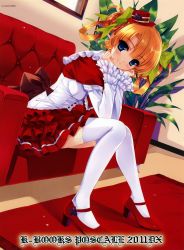 Rule 34 | 1girl, absurdres, blonde hair, blue eyes, blush, couch, dress, frilled skirt, frilled sleeves, frills, hair ornament, hands on own cheeks, hands on own face, high heels, highres, kuroya shinobu, looking at viewer, non-web source, plant, scan, short dress, short hair, sitting, skirt, smile, solo, thighhighs, white thighhighs, zettai ryouiki