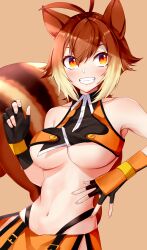 Rule 34 | 1girl, absurdres, animal ears, antenna hair, armpits, bare shoulders, black gloves, blazblue, breasts, brown eyes, brown hair, chukachuka, collarbone, collared shirt, commentary, cowboy shot, crop top, cropped shirt, fingerless gloves, gloves, grin, hair between eyes, highleg, highleg panties, highres, large breasts, makoto nanaya, miniskirt, multicolored hair, navel, orange shirt, orange skirt, panties, revealing clothes, shirt, short hair, simple background, skirt, smile, solo, squirrel ears, squirrel girl, squirrel tail, standing, stomach, tail, teeth, two-tone hair, underboob, underwear, vambraces