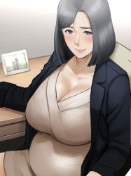 Rule 34 | 1girl, black hair, breasts, cleavage, dress, highres, jacket, large breasts, lipstick, makeup, mature female, mole, mole under mouth, original, photo (object), pregnant, short hair, sitting, solo, special g (spg)
