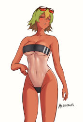 Rule 34 | 1girl, alternate costume, artist name, bare arms, bare shoulders, blush, breasts, cleavage, collarbone, commentary, covered navel, dark-skinned female, dark skin, eyewear on head, fire emblem, fire emblem heroes, gradient hair, green hair, gris swimsuit, highleg, highleg swimsuit, laegjarn (fire emblem), medium breasts, meme attire, meziosaur, multicolored hair, nintendo, one-piece swimsuit, orange hair, parted lips, see-through, short hair, signature, simple background, strapless, strapless one-piece swimsuit, sunglasses, swimsuit, thighs, two-tone hair, white background
