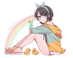 Rule 34 | 1girl, 64ibon, arms on knees, bare legs, bikini, bikini under clothes, blue eyes, blue hairband, blush, bow, brown hair, cherry, commentary request, cup, drinking glass, drinking straw, english text, food, from side, fruit, full body, hairband, holding, holding cup, hololive, hood, hoodie, ice cream, ice cream float, knees up, leaning forward, legs, long sleeves, looking at viewer, looking to the side, nail polish, no pants, off shoulder, official alternate costume, oozora subaru, oozora subaru (hololive summer 2019), orange nails, polka dot, polka dot bow, rainbow, red nails, rubber duck, sandals, short hair, sidelocks, simple background, sitting, smile, solo, swept bangs, swimsuit, toenail polish, toenails, toes, virtual youtuber, white background