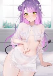 Rule 34 | 1girl, apron, arm support, bed sheet, bikini, bikini top only, bikini under clothes, black tail, blurry, blurry background, breasts, commentary request, crop top, demon tail, ear piercing, earrings, frilled apron, frills, gradient hair, green eyes, hair bun, hair ribbon, halterneck, heart, heart earrings, highres, hololive, imo norio, jewelry, leaning to the side, long hair, looking at viewer, medium breasts, micro bikini, multicolored hair, multiple piercings, navel, paid reward available, parted lips, piercing, pink hair, pointy ears, purple hair, ribbon, see-through, see-through shirt, shirt, single hair bun, single side bun, sitting, solo, stomach, string bikini, swept bangs, swimsuit, tail, tail ornament, tail piercing, thighs, tokoyami towa, two-tone hair, virtual youtuber, waist apron, white ribbon, white shirt, window