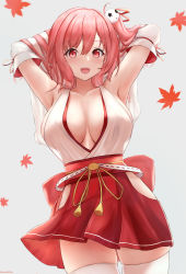 Rule 34 | 1girl, :d, amano kusatsu, armpits, arms behind head, arms up, autumn leaves, azur lane, blush, breasts, cleavage, collarbone, commentary request, cowboy shot, dead or alive, detached sleeves, grey background, hair ornament, highres, hip vent, honoka (doa), japanese clothes, kimono, large breasts, leaf, long hair, long sleeves, maple leaf, miniskirt, one side up, open mouth, pink eyes, pink hair, ribbon, simple background, skirt, smile, solo, star (symbol), tassel, thighhighs, white kimono, white thighhighs, yellow ribbon, zettai ryouiki