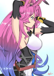 Rule 34 | 1girl, adjusting hair, animal ears, armpits, arms up, black coat, blue background, blue hair, breasts, cleo (dragalia lost), coat, commentary, detached sleeves, dragalia lost, from side, gradient background, gradient hair, hand in own hair, hexel chan, large breasts, long hair, multicolored hair, pink eyes, pink hair, rabbit ears, sideboob, signature, simple background, solo, upper body, very long hair, watermark, white background, wrist cuffs