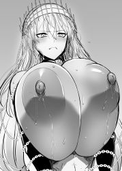 Rule 34 | 1girl, breasts, chain, chained, crown, detached sleeves, fate/grand order, fate (series), gigantic breasts, greyscale, highres, huge breasts, large areolae, large nipples, long hair, looking down, megao 3rd, monochrome, nipples, simple background, solo, sweat, topless, upper body, zenobia (fate)