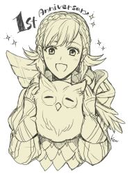 Rule 34 | 1girl, akke, animal, armor, bird, blush, braid, feh (fire emblem heroes), fire emblem, fire emblem heroes, gloves, long hair, looking at viewer, monochrome, nintendo, open mouth, owl, scale armor, sharena (fire emblem), simple background, smile, solo, white background