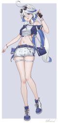 Rule 34 | 1girl, :d, absurdres, ahoge, alternate costume, bag, bare legs, belt, blue belt, blue eyes, blue hair, blue shirt, bwcloud, commentary request, crop top, eyewear on head, full body, furina (genshin impact), genshin impact, handbag, highres, long hair, looking at viewer, midriff, multicolored hair, navel, no headwear, open mouth, shirt, shoes, short shorts, short sleeves, shorts, smile, sneakers, solo, standing, stomach, streaked hair, sunglasses, thigh strap, very long hair, white hair, white shorts