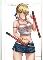 Rule 34 | 1girl, absurdres, ahoge, armlet, artoria pendragon (fate), bare shoulders, belt, blonde hair, blush, bow, bracelet, braid, breasts, character name, cleavage, closed mouth, collarbone, copyright name, cosplay, dual wielding, elie, fate/grand order, fate (series), fingernails, french braid, green eyes, hair bow, hair ornament, highres, holding, jewelry, kawasumi ayako, lips, looking at viewer, medium breasts, midriff, miniskirt, navel, necklace, rave, scan, simple background, skirt, sleeveless, solo, stomach, takecha, tank top, tonfa, voice actor connection, weapon, white background