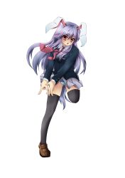 Rule 34 | 1girl, absurdres, animal ears, artist request, bad id, bad pixiv id, blazer, female focus, full body, highres, jacket, legs, loafers, long hair, miniskirt, necktie, open mouth, panties, purple hair, rabbit ears, red eyes, reisen udongein inaba, satoutakahumi, shoes, simple background, skirt, solo, striped clothes, striped panties, thighhighs, touhou, underwear, upskirt, v arms, white background