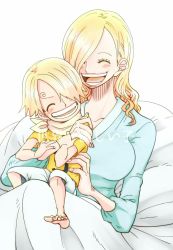 Rule 34 | aged down, artist request, barefoot, blonde hair, child, hair over one eye, happy, mother and son, one piece, sanji (one piece), vinsmoke sora