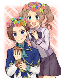 Rule 34 | 1boy, 1girl, :d, :q, ascot, blouse, blue eyes, blue jacket, blue neckwear, bow, bowtie, brooch, brother and sister, brown hair, collared shirt, commentary request, food, genderswap, genderswap (ftm), genderswap (mtf), haruta (haru chi), head wreath, highres, holding, holding food, jacket, jewelry, katarina claes, keith claes, light brown hair, long sleeves, looking at another, medium hair, miniskirt, muffin, open mouth, otome game no hametsu flag shika nai akuyaku reijou ni tensei shite shimatta, pleated skirt, purple neckwear, purple shirt, purple skirt, shirt, short hair, siblings, sitting, skirt, smile, standing, step-siblings, tongue, tongue out, twintails