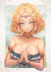 Rule 34 | 1girl, artist name, bare shoulders, blonde hair, blue eyes, braid, breasts, cleavage, earrings, hama guri, highres, interlocked fingers, jewelry, large breasts, looking at viewer, necklace, nintendo, own hands clasped, own hands together, pointy ears, portrait, princess zelda, solo, the legend of zelda, the legend of zelda: tears of the kingdom, twitter username