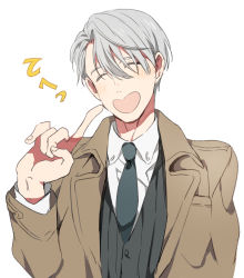 Rule 34 | 10s, 1boy, ^ ^, bad id, bad pixiv id, closed eyes, coat, eunram, closed eyes, finger to cheek, heart-shaped mouth, male focus, necktie, open mouth, silver hair, smile, upper body, viktor nikiforov, yuri!!! on ice