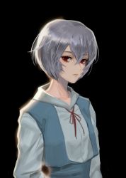 Rule 34 | 1girl, ayanami rei, black background, closed mouth, hair between eyes, highres, light, lips, looking at viewer, neck ribbon, neckwear request, neon genesis evangelion, red eyes, red ribbon, ribbon, rity, school uniform, short hair, silver hair, simple background, solo, tokyo-3 middle school uniform, uniform, upper body