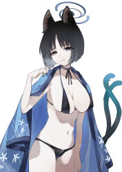 Rule 34 | 1girl, absurdres, animal ears, bikini, black bikini, black choker, black hair, black nails, black ribbon, blue archive, breasts, cat ears, cat girl, cat tail, choker, collarbone, commentary request, fingernails, haori, highres, japanese clothes, kikyou (blue archive), large breasts, looking at viewer, multiple tails, nail polish, navel, ribbon, ribbon choker, short hair, simple background, solo, swimsuit, tail, white background, yanyo (ogino atsuki)