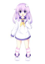 Rule 34 | 1girl, absurdres, aged down, blush, child, choker, d-pad, d-pad hair ornament, full body, hair ornament, highres, long hair, long sleeves, looking at viewer, nepgear, neptune (series), open mouth, oyat, purple eyes, purple hair, sailor collar, smile, socks, solo, striped clothes, striped legwear, striped socks, white background