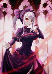Rule 34 | 1girl, absurdres, black dress, bonnet, bow, breasts, commentary, cowboy shot, dress, eichi (skskdi12z), frilled dress, frills, gothic lolita, grey hair, hair bow, hand up, highres, large bow, lolita fashion, long hair, long sleeves, looking at viewer, medium breasts, overlord (maruyama), parted lips, red eyes, shalltear bloodfallen, skirt hold, smile, solo, vampire, window