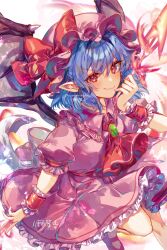 Rule 34 | 1girl, ascot, ayatsuki sugure, bat wings, blue hair, brooch, closed mouth, dress, frilled dress, frills, hat, hat ribbon, highres, jewelry, mob cap, pink dress, pink hat, pointy ears, puffy short sleeves, puffy sleeves, red ascot, red eyes, red footwear, red ribbon, remilia scarlet, ribbon, shoes, short hair, short sleeves, smile, solo, touhou, wings, wrist cuffs