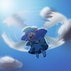 Rule 34 | 1girl, blue eyes, blue hair, blue skirt, blue sky, cloud, commentary, english commentary, flat cap, full body, green hat, hat, highres, kawashiro nitori, motion blur, open mouth, outdoors, rotor, skirt, sky, solo, step arts, teeth, touhou, two side up, upper teeth only