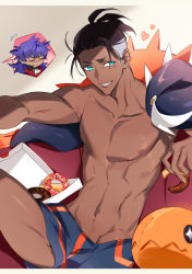 Rule 34 | abs, akeno06, blush, box, brown hair, character doll, collarbone, commentary request, couch, creatures (company), dark-skinned male, dark skin, doughnut, earrings, flying sweatdrops, food, game freak, gen 3 pokemon, grey shorts, grin, heart, highres, holding, holding food, hood, hoodie, jewelry, leon (pokemon), male focus, navel, nintendo, nipples, pectorals, pokemon, pokemon (creature), pokemon swsh, raihan (pokemon), shirobako, short hair, shorts, smile, spoken character, teeth, toned, topless male, trapinch, undercut, unworn hoodie, yaoi