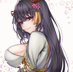 Rule 34 | 1girl, azur lane, black hair, breasts, cherry blossoms, cleavage cutout, clothing cutout, flower, hair between eyes, hair flower, hair ornament, hiei (azur lane), highres, horns, large breasts, long hair, looking at viewer, smile, solo, tetsu (excalibur920), upper body, white background, yellow eyes