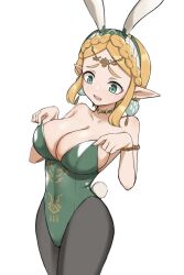 Rule 34 | bare shoulders, blonde hair, breasts, clothes pull, earrings, green eyes, highres, jewelry, large breasts, leotard, nintendo, princess zelda, rabbit ears, short hair, the legend of zelda, the legend of zelda: tears of the kingdom, tsuneshima, undersized clothes
