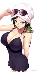 Rule 34 | 1girl, arm behind back, arm up, black dress, black hair, blue eyes, breasts, cleavage, covered navel, dress, dwarf, eyewear on head, frills, grin, hat, highres, kasai shin, large breasts, leo (one piece), looking at viewer, mini person, miniboy, nico robin, one piece, parted lips, short dress, signature, simple background, smile, spaghetti strap, sunglasses, taut clothes, taut dress, wavy hair, white background, white headwear