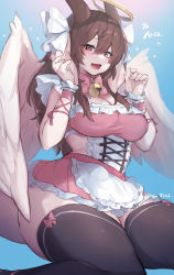 Rule 34 | 1girl, absurdres, bell, black thighhighs, blue background, breasts, brown hair, cleavage, commission, fang, furry, furry female, gradient background, hair ribbon, halo, heart, highres, jingle bell, large breasts, looking at viewer, neck bell, open mouth, original, red eyes, ribbon, skeb commission, smile, solo, suurin (ksyaro), thick thighs, thighhighs, thighs, white ribbon, white wings, wings, zettai ryouiki