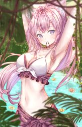 Rule 34 | 1girl, absurdres, animal ear fluff, animal ears, bikini, blurry, breasts, wolf ears, depth of field, flower, hakui koyori, highres, hololive, large breasts, long hair, looking at viewer, mouth hold, navel, pink eyes, pink hair, ponytail, sarong, swimsuit, ukiukikiwi2525, virtual youtuber, water