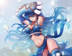 Rule 34 | 00s, 1girl, bad id, bad pixiv id, blue eyes, blue hair, blue thighhighs, breasts, covering face, creatures (company), crop top, female focus, floating hair, game freak, gen 3 pokemon, kyogre, large breasts, legendary pokemon, long hair, looking away, matching hair/eyes, midriff, nintendo, parted lips, personification, pokemon, pokemon rse, solo, tasselcat, thighhighs, very long hair, watermark, web address