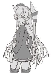 Rule 34 | 1girl, absurdres, amatsukaze (kancolle), dress, from behind, garter straps, greyscale, hair tubes, hat, highres, kantai collection, long hair, looking at viewer, looking back, mini hat, monochrome, neckerchief, neve (morris-minicooper), sailor dress, smokestack hair ornament, solo, thighhighs, two side up
