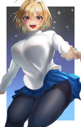 Rule 34 | 1girl, absurdres, antenna hair, arcueid brunestud, blonde hair, blue skirt, blush, border, breasts, hair between eyes, highres, large breasts, long sleeves, looking at viewer, miniskirt, night, night sky, open mouth, red eyes, sato one1, short hair, single hair intake, skirt, sky, solo, star (sky), starry sky, sunlight, sweater, thick thighs, thighs, tsukihime, tsukihime (remake), type-moon, white border