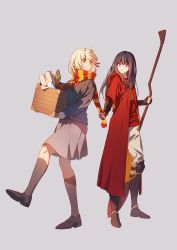 Rule 34 | 2girls, absurdres, alternate costume, black footwear, black hair, blonde hair, book, box, broom, commentary request, figure, fish, grey sweater, gryffindor, hair ribbon, harry potter (series), highres, hogwarts school uniform, holding, holding box, holding broom, inoue takina, long hair, long sleeves, looking at another, lycoris recoil, multiple girls, nishikigi chisato, pleated skirt, purple eyes, red eyes, red ribbon, red robe, ribbon, robe, scarf, scarf pull, school uniform, scroll, shoes, short hair, skirt, smile, standing, sweatdrop, sweater, walluka, wizarding world, wooden box