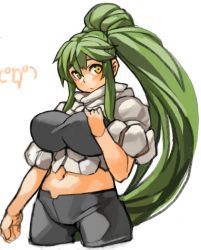 Rule 34 | 1girl, bike shorts, breasts, cropped legs, female focus, green hair, high ponytail, large breasts, long hair, navel, original, ponytail, sachito, sidelocks, simple background, solo, sumi-chan (sachito), very long hair, white background, yellow eyes