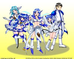 Rule 34 | 1boy, 4girls, ;), black hair, blue eyes, blue hair, blush, boots, breasts, everyone, gradient background, gradius, hand on own hip, james burton, konami, legs, looking at viewer, midriff, miniskirt, multiple girls, one eye closed, open mouth, personification, simple background, skirt, smile, vic viper