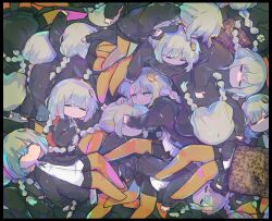 Rule 34 | 6+girls, adapted costume, black jacket, black shorts, braid, chibi, clone, closed eyes, closed mouth, collared shirt, covering another&#039;s eyes, cross tie, face down, from above, grey hair, hair ornament, half-closed eyes, hands on another&#039;s head, highres, jacket, jitome, kizuna akari, long hair, long sleeves, looking at viewer, lying, multiple girls, no shoes, on back, on side, on stomach, open clothes, open jacket, orange pantyhose, pantyhose, pile, pillow, shirt, short shorts, shorts, tasese, too many, twin braids, vocaloid, voiceroid, white shirt